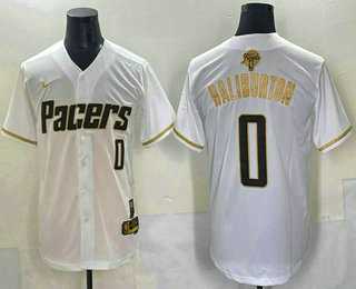 Mens Indiana Pacers #0 Tyrese Haliburton White Gold 2025 Finals Vapor Stitched Baseball Jersey