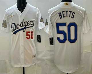 Mens Los Angeles Dodgers #50 Mookie Betts White Gold World Series Champions Collection Limited Jersey