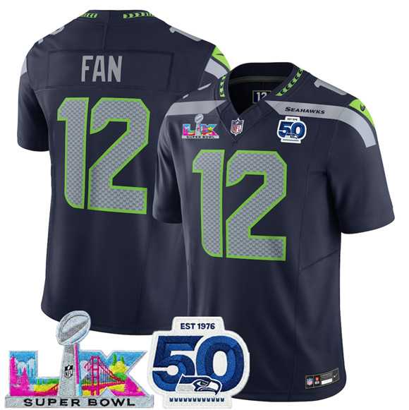 Mens Seattle Seahawks #12 Fan Navy 2025 F.U.S.E. Super Bowl LX Patch And 50th Season Patch Vapor Limited Stitched Jersey