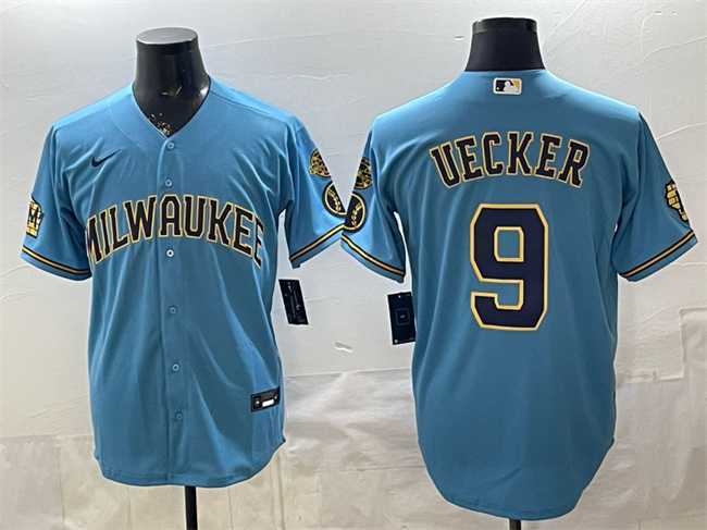 Mens Milwaukee Brewers #9 Bob Uecker Blue With Home & Bob Uecker Patch Stitched Jersey