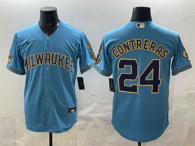 Mens Milwaukee Brewers #24 William Contreras Blue With Home & Bob Uecker Patch Stitched Jersey