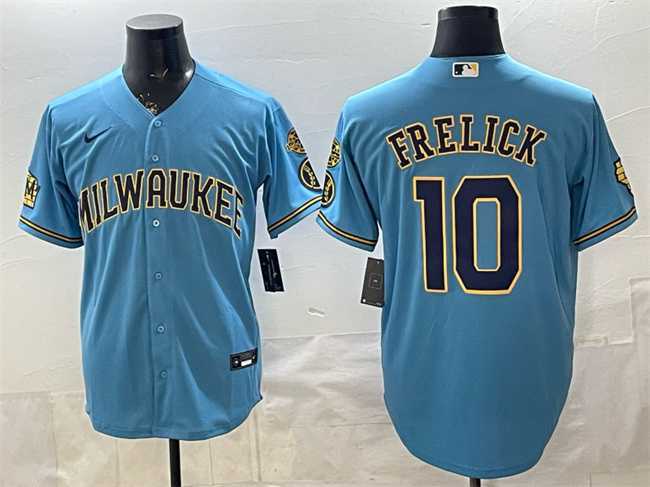 Mens Milwaukee Brewers #10 Sal Frelick Blue With Home & Bob Uecker Patch Stitched Jersey
