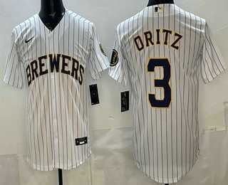 Mens Milwaukee Brewers #3 Joey Ortiz White Cool Base Jersey