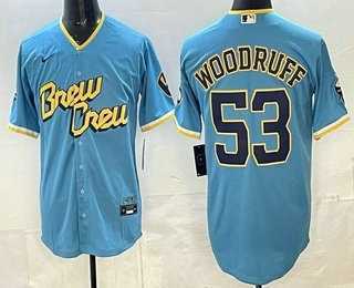 Mens Milwaukee Brewers #53 Brandon Woodruff Powder Blue 2022 City Connect Cool Base Jersey