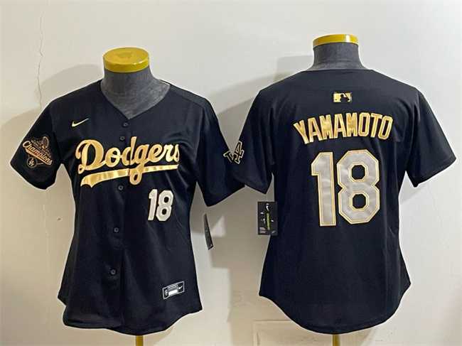 Youth Los Angeles Dodgers #18 Yoshinobu Yamamoto Black Gold 2025 World Series Champions Patch Limited Stitched Jersey Dzhi
