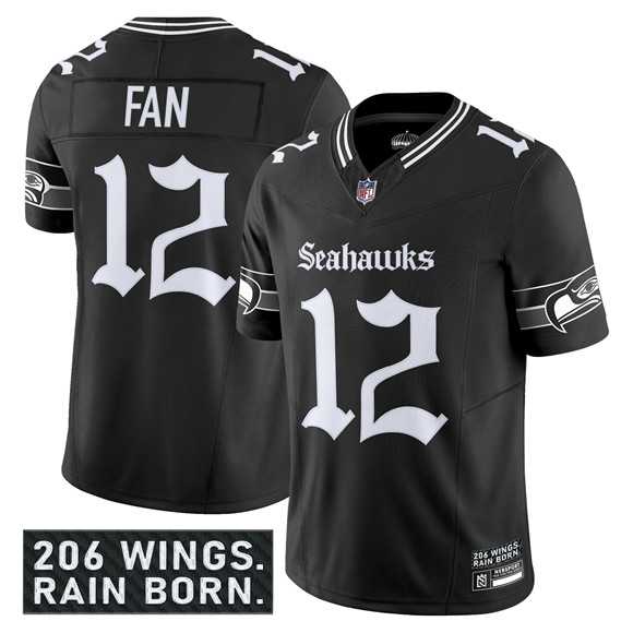Men & Women & Youth Seattle Seahawks #12 Fan Black 2025 F.U.S.E. Gothic Rain City Shadows Edition Vapor Limited Stitched Jersey