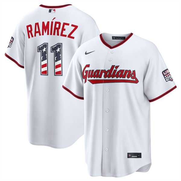 Mens Cleveland Guardians #11 Jose Ramirez White USA 250 Fourth of July Home Stitched Jersey Dzhi