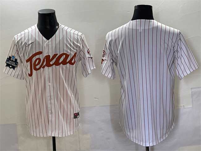 Mens Texas Longhorns Blank White Pinstripe 2025 World Series & SEC Patch Stitched Jersey