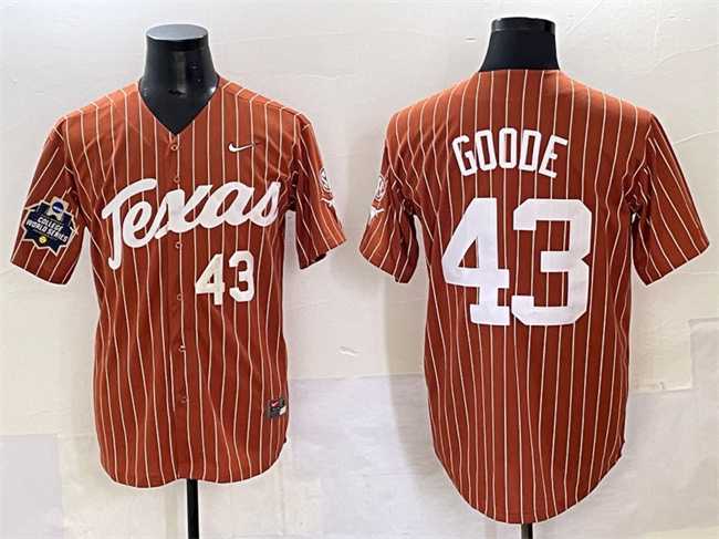 Mens Texas Longhorns #43 Leighann Goode Orange Pinstripe 2025 World Series & SEC Patch Stitched Jersey