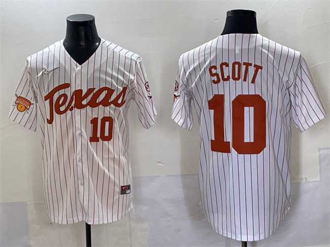 Mens Texas Longhorns #10 Mia Scott White Pinstripe 2025 Softball National Champions & SEC Patch Stitched Jersey