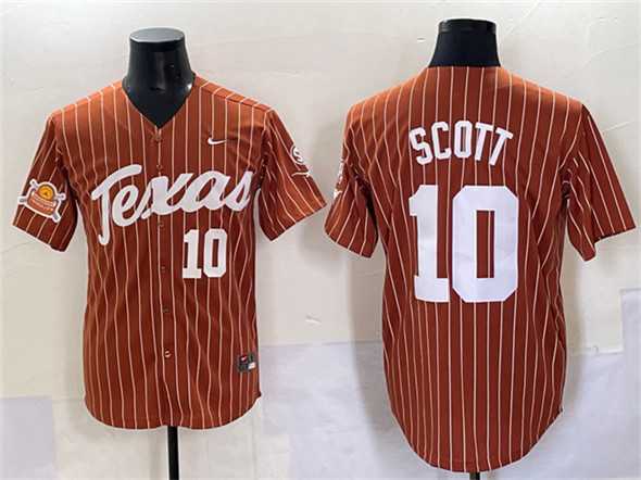 Mens Texas Longhorns #10 Mia Scott Orange Pinstripe 2025 Softball National Champions & SEC Patch Stitched Jersey
