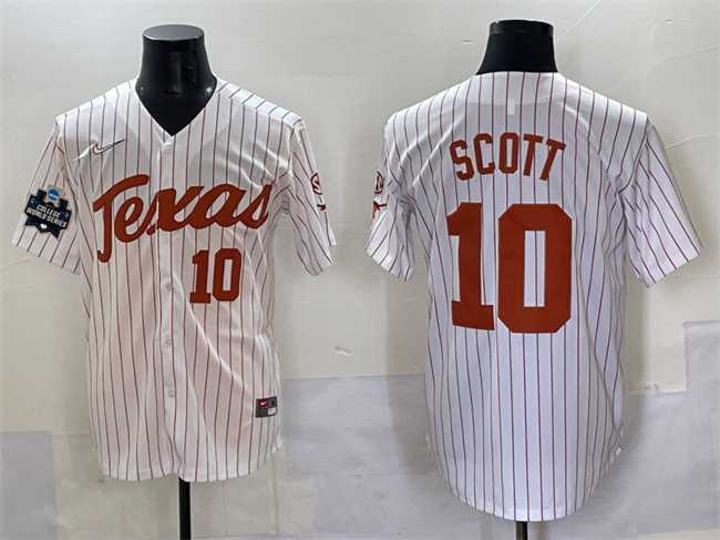 Mens Texas Longhorns #10 Mia Scott White Pinstripe 2025 World Series & SEC Patch Stitched Jersey