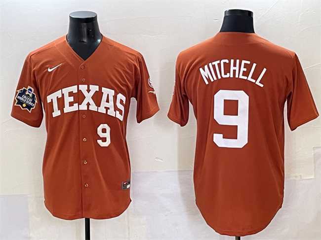 Mens Texas Longhorns #9 Joley Mitchell Orange 2025 World Series & SEC Patch Stitched Jersey