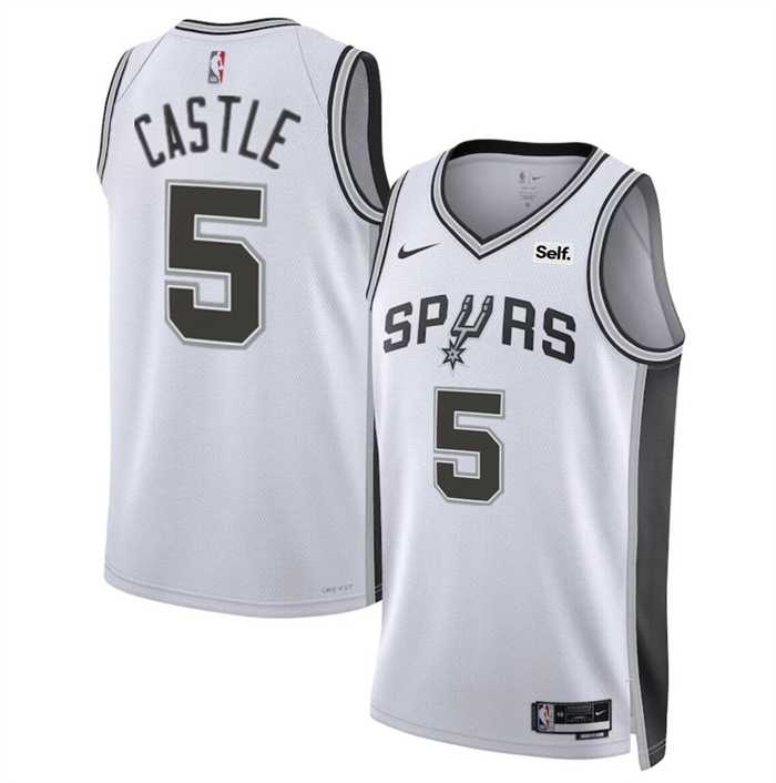 Mens San Antonio Spurs #5 Stephon Castle White Stitched Jersey Dzhi