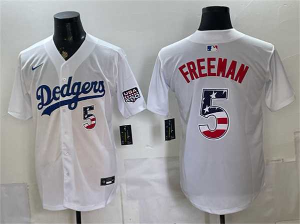 Mens Los Angeles Dodgers #5 Freddie Freeman White 250 Fourth of July Home Stitched Jersey Dzhi