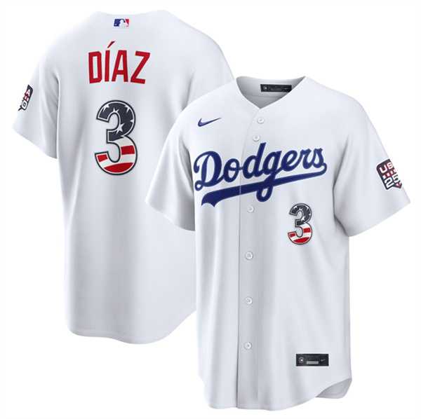 Mens Los Angeles Dodgers #3 Edwin Diaz White USA 250 Fourth of July Home Stitched Jersey Dzhi