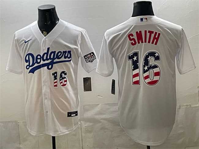 Mens Los Angeles Dodgers #16 Will Smith White USA 250 Fourth of July Home Stitched Baseball Jersey Dzhi