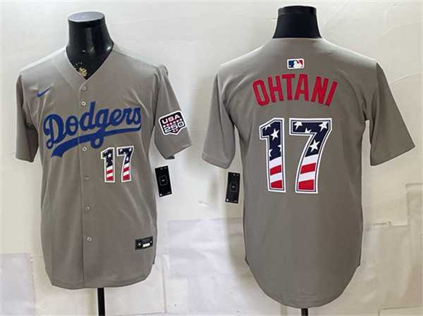 Mens Los Angeles Dodgers #17 Shohei Ohtani Gray 250 Fourth of July Road Stitched Jersey Dzhi