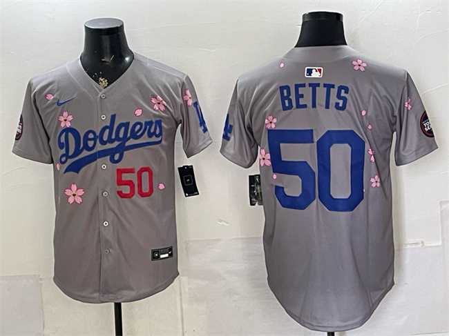 Mens Los Angeles Dodgers #50 Mookie Betts Grey 2025 Tokyo Series Limited Stitched Jersey