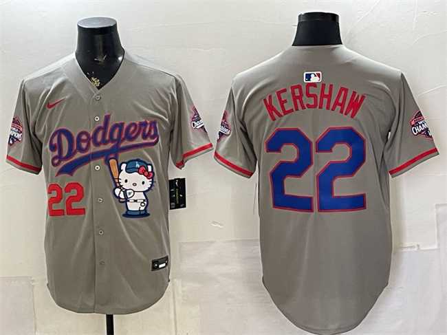 Mens Los Angeles Dodgers #22 Clayton Kershaw Grey Hello Kitty Night 2025 World Series Champions Patch Stitched Jersey