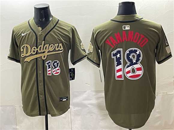 Mens Los Angeles Dodgers #18 Yoshinobu Yamamoto Olive 2026 Armed Forces Day USA 250 Fourth of July Stitched Jersey Dzhi
