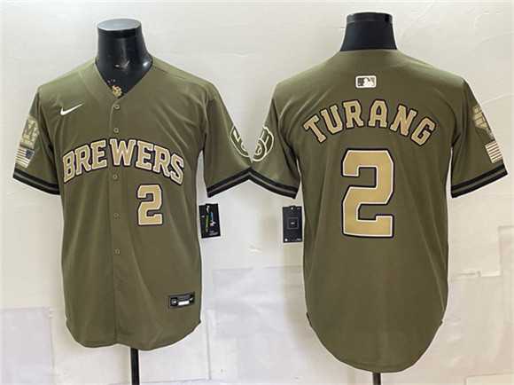 Mens Milwaukee Brewers #2 Brice Turang Olive 2026 Armed Forces Day Stitched Jersey Dzhi