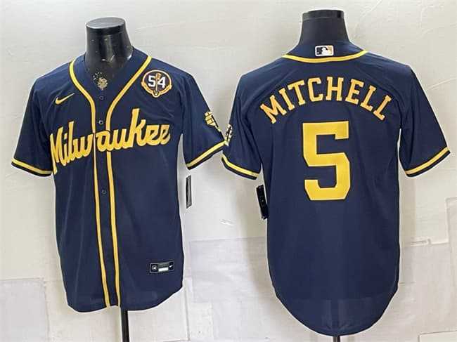 Mens Milwaukee Brewers #5 Garrett Mitchell Navy With Home & Bob Uecker Patch Limited Stitched Jersey