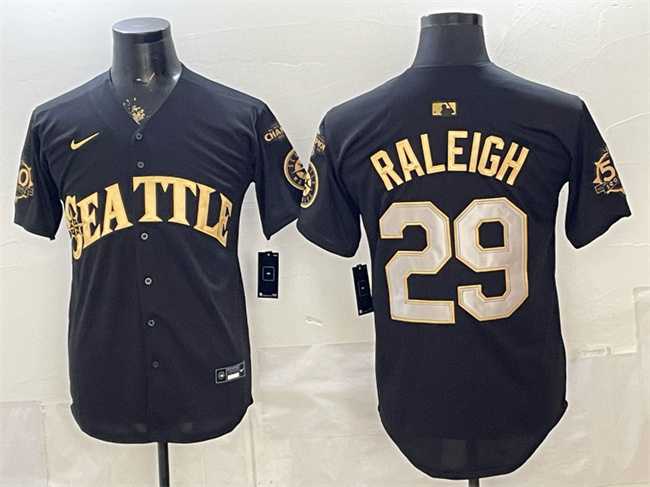 Mens Seattle Mariners #29 Cal Raleigh Black Gold 50th Anniversary & AL West Division Champions Patch Vapor Limited Stitched Jersey