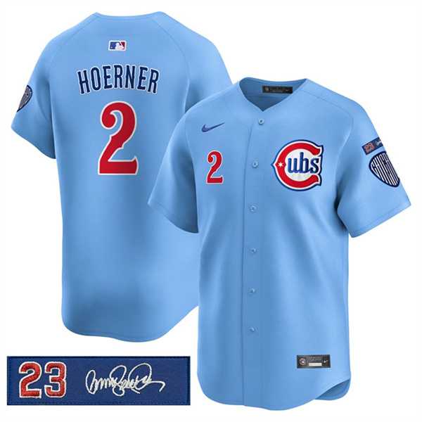 Mens Chicago Cubs #2 Nico Hoerner Blue Ryne Sandberg Tribute Vapor Limited V3 Stitched Jersey Dzhi