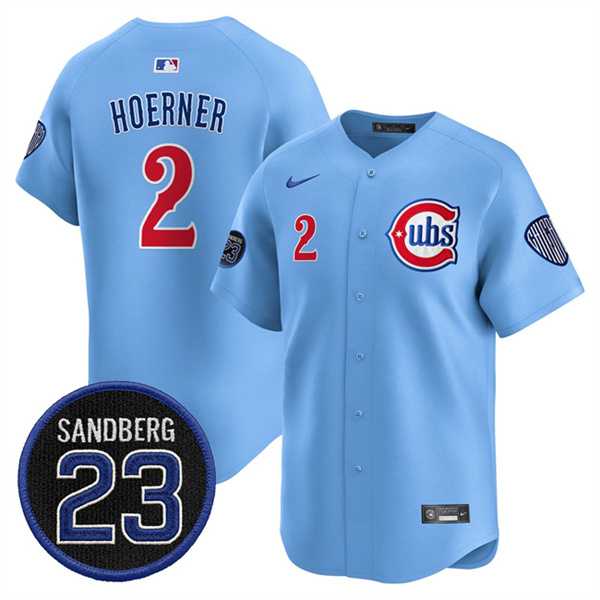 Mens Chicago Cubs #2 Nico Hoerner Blue Ryne Sandberg Tribute Vapor Limited V2 Stitched Jersey Dzhi