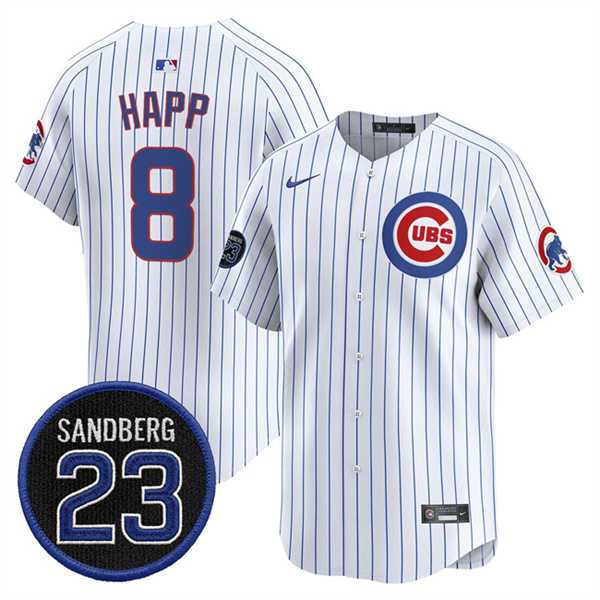 Mens Chicago Cubs #8 lan Happ White Pinstripe Ryne Sandberg Tribute Vapor Limited V2 Stitched Jersey Dzhi