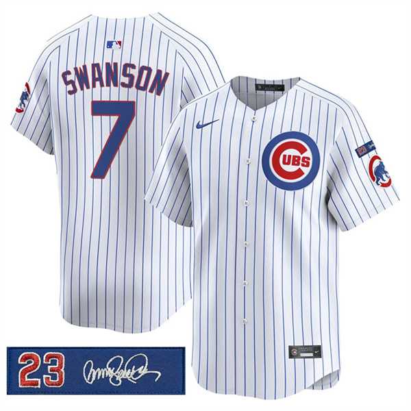Mens Chicago Cubs #7 Dansby Swanson White Pinstripe Ryne Sandberg Tribute Vapor Limited V3 Stitched Jersey Dzhi