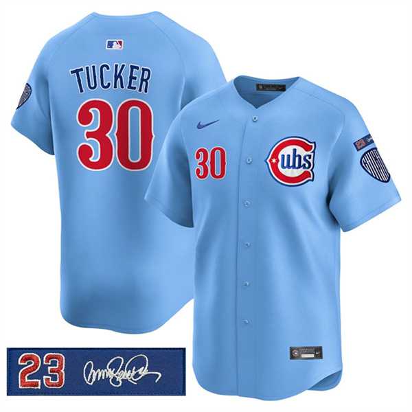 Mens Chicago Cubs #30 Kyle Tucker Blue Ryne Sandberg Tribute Vapor Limited V3 Stitched Jersey Dzhi