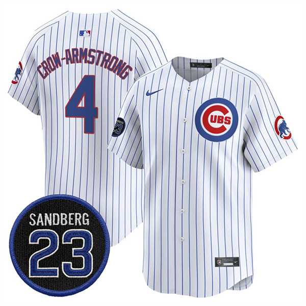 Mens Chicago Cubs #4 Pete Crow-Armstrong White Pinstripe Ryne Sandberg Tribute Vapor Limited V2 Stitched Jersey Dzhi