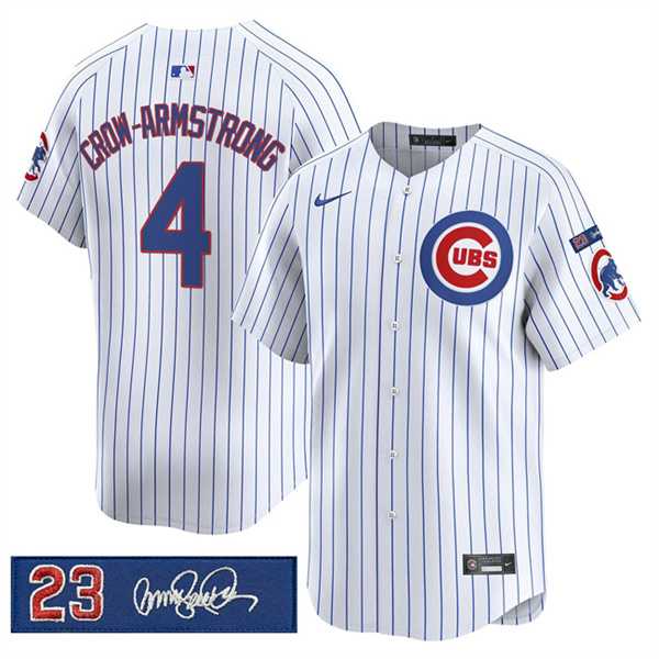 Mens Chicago Cubs #4 Pete Crow-Armstrong White Pinstripe Ryne Sandberg Tribute Vapor Limited V3 Stitched Jersey Dzhi