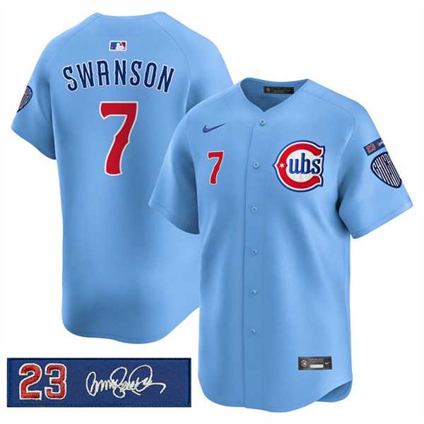 Mens Chicago Cubs #7 Dansby Swanson Blue Ryne Sandberg Tribute Vapor Limited V3 Stitched Jersey Dzhi