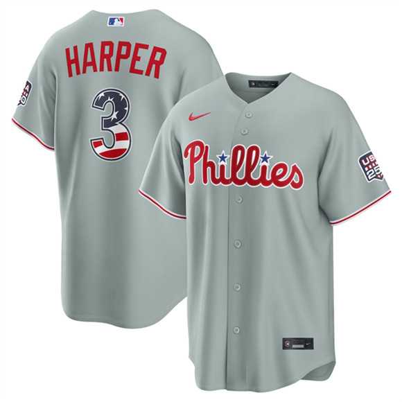 Mens Philadelphia Phillies #3 Bryce Harper Gray USA 250 Fourth of July Home Stitched Jersey Dzhi