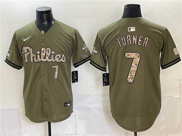 Mens Philadelphia Phillies #7 Trea Turner Olive 2026 Armed Forces Day Stitched Jersey Dzhi