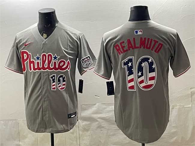 Mens Philadelphia Phillies #10 J.T. Realmuto Gray USA 250 Fourth of July Home Stitched Jersey1 Dzhi