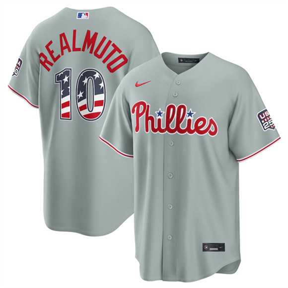 Mens Philadelphia Phillies #10 J.T. Realmuto Gray USA 250 Fourth of July Home Stitched Jersey Dzhi