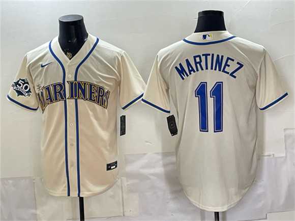 Mens Seattle Mariners #11 Edgar Martinez Cream 50th Anniversary Patch Stitched Jersey->seattle mariners->MLB Jersey