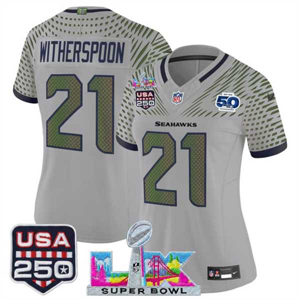 Womens Seattle Seahawks #21 Devon Witherspoon Gray 2025 F.U.S.E. Super Bowl LX & US 250th anniversary Patch And 50th Season Patch Rivalries Vapor Limited Stitched Jersey