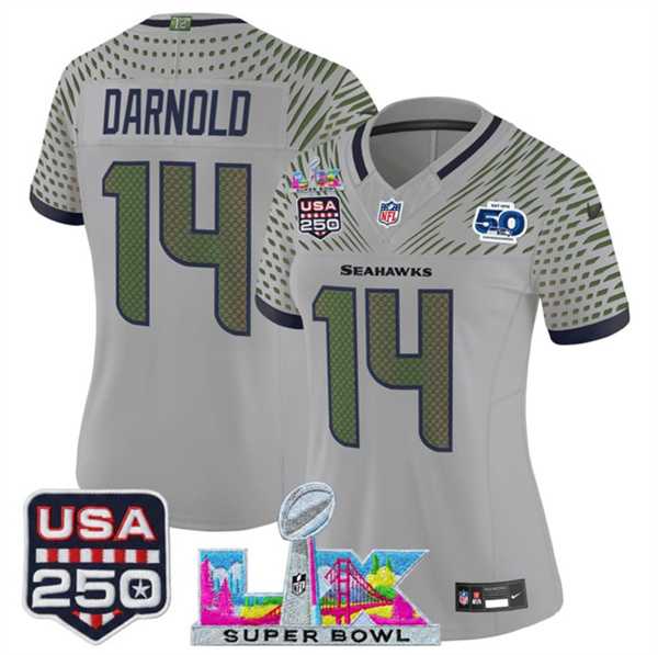 Womens Seattle Seahawks #14 Sam Darnold Gray 2025 F.U.S.E. Super Bowl LX & US 250th anniversary Patch And 50th Season Patch Rivalries Vapor Limited Stitched Jersey