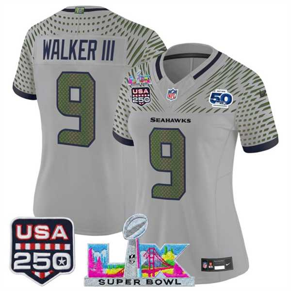 Womens Seattle Seahawks #9 Kenneth Walker III Gray 2025 F.U.S.E. Super Bowl LX & US 250th anniversary Patch And 50th Season Patch Rivalries Vapor Limited Stitched Jersey