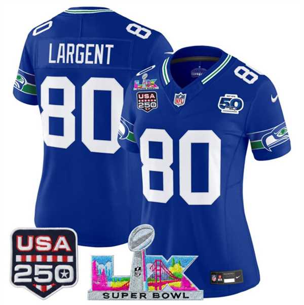 Womens Seattle Seahawks #80 Steve Largent Royal 2025 F.U.S.E. Super Bowl LX Patch And 50th Season & USA 250 Patch Vapor Throwback Limited Stitched Je