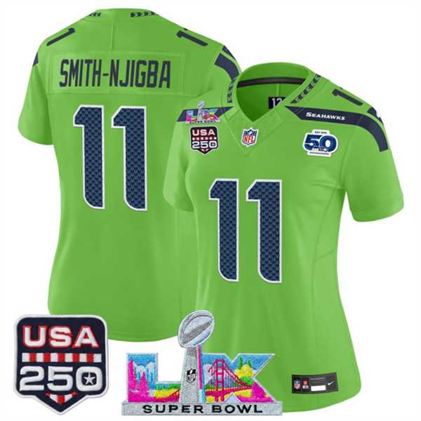 Womens Seattle Seahawks #11 Jaxon Smith-Njigba Green 2025 F.U.S.E. Super Bowl LX Patch And 50th Season & USA 250 Patch Vapor Limited Stitched Jersey
