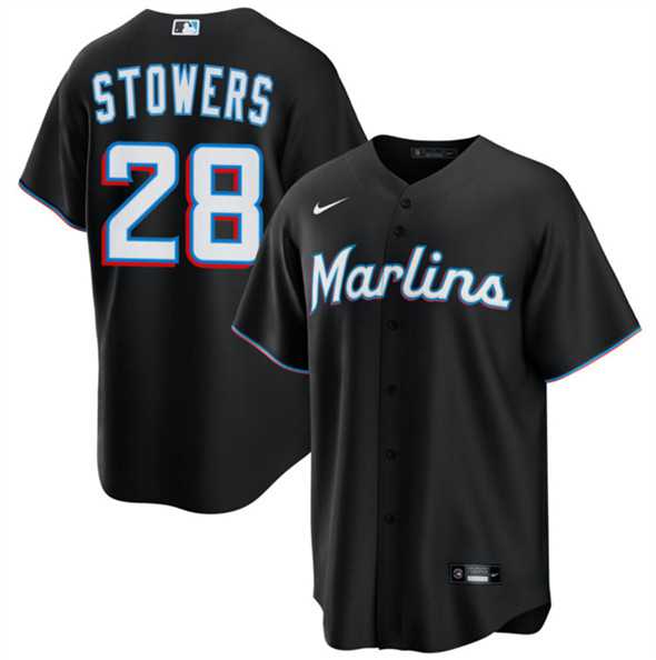 Mens Miami Marlins #28 Kyle Stowers Black Cool Base Stitched Jersey Dzhi