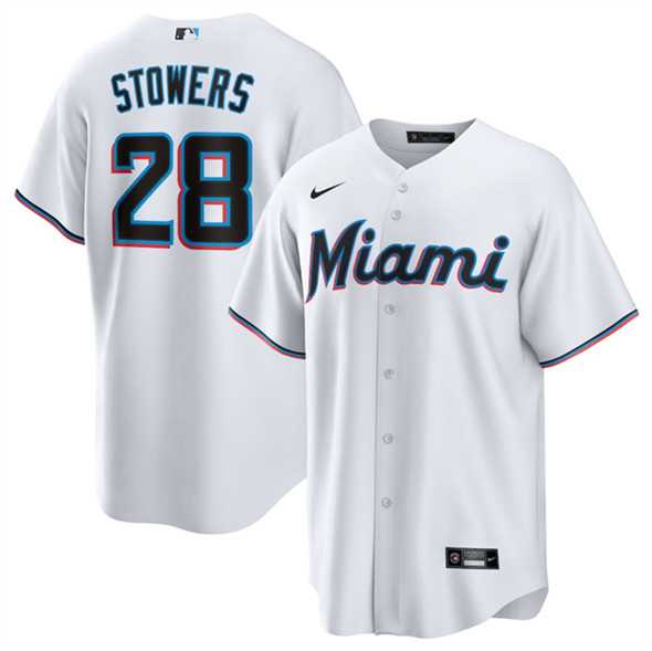 Mens Miami Marlins #28 Kyle Stowers White Cool Base Stitched Jersey Dzhi