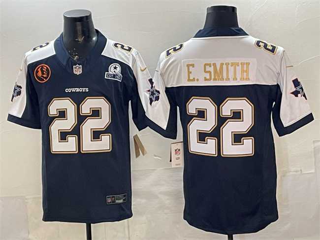 Mens Dallas Cowboys #22 Emmitt Smith Navy F.U.S.E. With John Madden Patch & Established In 1960 Patch Thanksgiving Vapor Limited Stitched Jersey