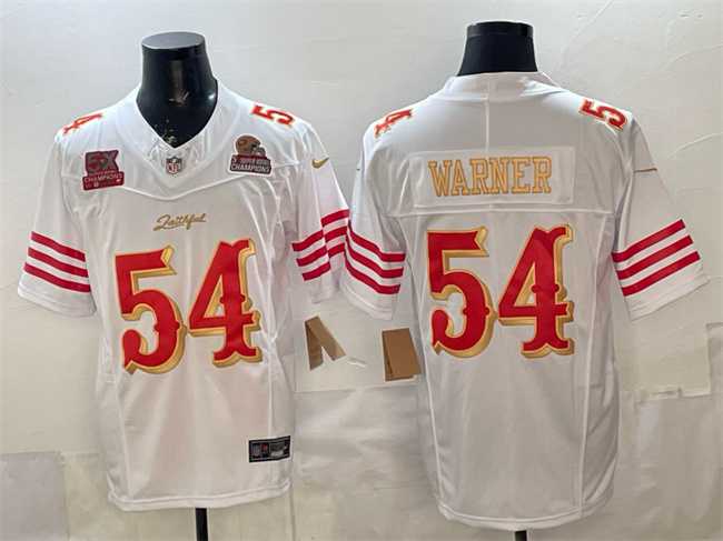 Mens San Francisco 49ers #54 Fred Warner White Gold 2025 F.U.S.E. Rivalries 5x Super Bowl Champions Patch Vapor Limited Stitched Jersey